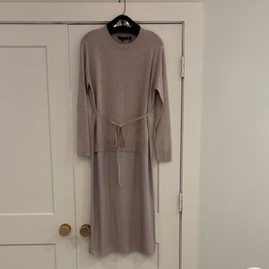Theory Taupe Oatmeal mixed media sweater top dress lined skirt has side slit EUC